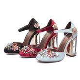 Vintage Handmade Mary Jane Pumps Heels with Rhinestone Decoration Newgew